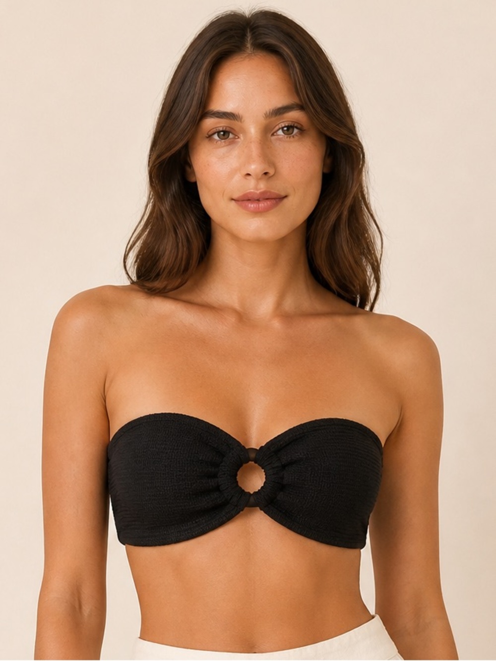Primark Black Bandeau Bikini Top Ring Detail Strapless Textured Swim Size 6